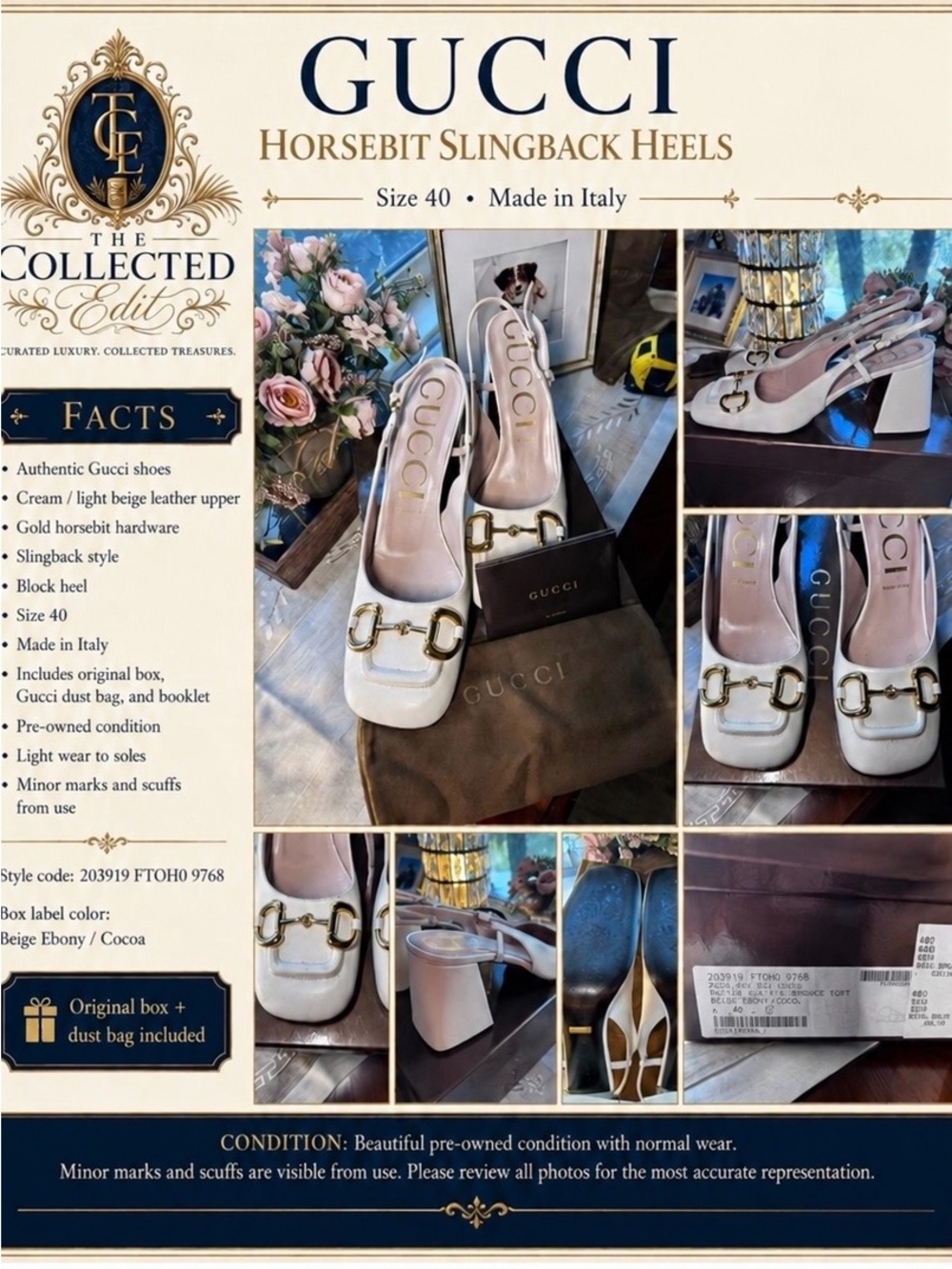 Gucci Cream Leather Horsebit Slingback Heels